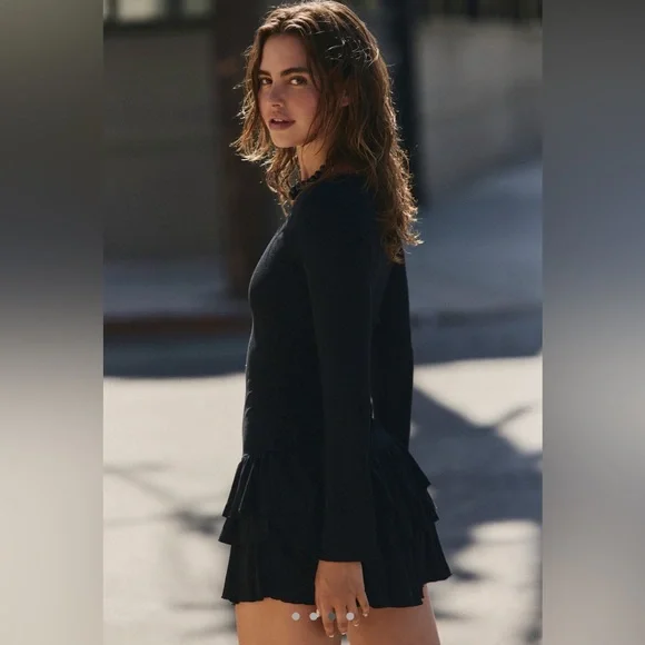 NWT Free People Good Feels Long Sleeve Mini Ruffle Dress Black Sz SMALL festival - Picture 4 of 16